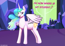 Size: 2283x1614 | Tagged: safe, artist:lilacnightmare, imported from derpibooru, part of a set, princess celestia, alicorn, pony, female, implied twilight sparkle, mare, no tail, open mouth, solo, standing, text, twilight's castle