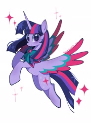 Size: 1504x2048 | Tagged: safe, artist:petaltwinkle, imported from derpibooru, twilight sparkle, alicorn, pony, alternate design, colored wings, colored wingtips, female, flying, kinsona, looking at you, mare, multicolored wings, redesign, signature, simple background, smiling, smiling at you, solo, sparkles, twilight sparkle (alicorn), white background, wings