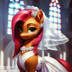 Size: 1024x1024 | Tagged: safe, imported from derpibooru, babs seed, earth pony, pony, ai content, ai generated, church, clothes, dress, female, generator:purplesmart.ai, generator:stable diffusion, looking at you, mare, older, prompter:maresforever, smiling, solo, wedding dress, wedding veil