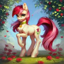 Size: 1024x1024 | Tagged: safe, imported from derpibooru, roseluck, pony, ai content, ai generated, collar, cute, flower, fluffy, generator:pony diffusion v6 xl, generator:stable diffusion, pet tag, pony pet, prompter:doom9454, rose, rosepet, standing