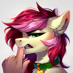 Size: 1024x1024 | Tagged: safe, imported from derpibooru, roseluck, pony, ai content, ai generated, angry, behaving like a cat, bust, collar, fangs, fluffy, generator:pony diffusion v6 xl, generator:stable diffusion, hand, offscreen character, offscreen human, pet tag, pony pet, portrait, prompter:doom9454, rosepet