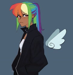 Size: 2685x2770 | Tagged: safe, artist:llama, imported from derpibooru, rainbow dash, human, clothes, dark skin, female, floating wings, gray background, hand in pocket, humanized, jacket, ponytail, simple background, solo, winged humanization, wings