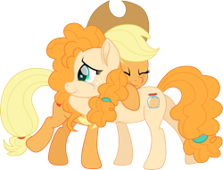 Size: 2101x1600 | Tagged: safe, artist:cloudy glow, imported from derpibooru, applejack, pear butter, earth pony, pony, applejack's hat, cowboy hat, crying, cute, eyes closed, female, hat, hug, jackabetes, mare, mother and child, mother and daughter, pearabetes, simple background, smiling, tears of joy, transparent background