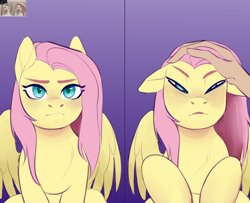 Size: 3144x2550 | Tagged: safe, artist:evlass, imported from derpibooru, fluttershy, human, pegasus, pony, behaving like a cat, blushing, chest fluff, faic, female, floppy ears, gradient background, hand, mare, petting, ponified animal photo, solo