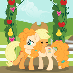 Size: 1600x1600 | Tagged: safe, artist:cloudy glow, imported from derpibooru, applejack, pear butter, earth pony, pony, apple, applejack's hat, cowboy hat, crying, cute, eyes closed, female, food, hat, hug, jackabetes, mare, mother and child, mother and daughter, pear, smiling, sweet apple acres, tears of joy