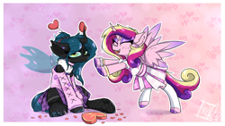 Size: 3840x2160 | Tagged: safe, artist:jubyskylines, imported from derpibooru, princess cadance, queen chrysalis, alicorn, changeling, changeling queen, pony, antennae, bracelet, cadalis, choker, clothes, cute, cutealis, cutedance, duo, ear fluff, eye clipping through hair, female, fishnets, happy, heart, hearts and hooves day, holiday, hoofless socks, infidelity, jewelry, lesbian, mare, open mouth, open smile, petals, rose petals, shipping, smiling, socks, spread wings, stockings, thigh highs, unamused, valentine's day, wavy mouth, wings