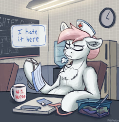 Size: 2271x2328 | Tagged: safe, artist:reddthebat, imported from derpibooru, nurse redheart, earth pony, pony, chair, chalkboard, chest fluff, clock, coffee mug, dialogue, ear fluff, eyes closed, female, floppy ears, id card, mare, mask, mug, nurse, refrigerator, sitting, solo, surgical mask, table