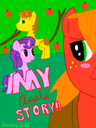 Size: 770x1024 | Tagged: safe, artist:brawnybold, imported from derpibooru, big macintosh, feather bangs, sugar belle, earth pony, anime, apple, digital art, food, recolor, romance, signature