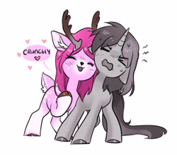 Size: 2847x2542 | Tagged: safe, artist:opalacorn, imported from derpibooru, oc, oc only, oc:rainbow crash, deer, pony, unicorn, adorable distress, commission, cute, doe, duo, duo female, eyes closed, female, floating heart, floppy ears, heart, lesbian, mare, nuzzling, oc x oc, open mouth, open smile, shipping, simple background, smiling, varying degrees of want, white background, ych result