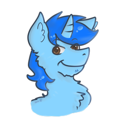 Size: 2000x2000 | Tagged: safe, artist:thetruecrystalvixen, imported from derpibooru, oc, oc only, oc:"d", 2022, blue mane, blue pony, bust, chest fluff, ear fluff, eyebrows, eyebrows visible through hair, head only, looking at someone, looking at something, looking at you, male, portrait, signature, simple background, smiling, solo, stallion, transparent background