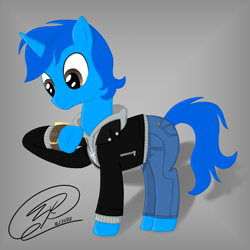 Size: 3840x3840 | Tagged: safe, artist:iamaveryrealperson, imported from derpibooru, oc, oc only, oc:"d", pony, unicorn, 2022, blue mane, blue pony, clothes, colored, date (time), denim, gradient background, gray background, hoodie, jacket, jeans, leather, leather jacket, looking at something, looking down, male, pants, shadow, signature, simple background, solo, stallion, standing, watch, wristwatch, zipper