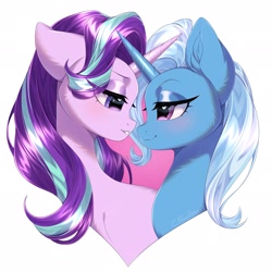 Size: 2048x2048 | Tagged: safe, artist:e-boi, imported from derpibooru, starlight glimmer, trixie, pony, unicorn, blue mane, blushing, chest fluff, cute, digital art, duo, duo female, ear fluff, eye clipping through hair, eyelashes, eyeshadow, female, heart, heart eyes, high res, horn, lesbian, lidded eyes, looking at each other, looking at someone, makeup, mare, outline, pink eyes, purple eyes, purple mane, shipping, signature, simple background, smiling, smiling at each other, startrix, white background, wingding eyes