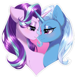 Size: 2700x2700 | Tagged: safe, artist:e-boi, imported from derpibooru, starlight glimmer, trixie, unicorn, blue mane, blushing, chest fluff, cute, digital art, duo, duo female, ear fluff, eye clipping through hair, eyelashes, eyeshadow, female, heart, heart eyes, high res, horn, lesbian, lidded eyes, looking at each other, looking at someone, makeup, mare, outline, pink eyes, purple eyes, purple mane, shipping, signature, simple background, smiling, smiling at each other, startrix, transparent background, white outline, wingding eyes