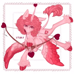 Size: 2048x2048 | Tagged: safe, artist:pleuni, imported from derpibooru, oc, oc only, alicorn, pony, alicorn oc, arrow, bow, cupid, curved horn, female, flying, headdress, heart, heart arrow, heart eyes, horn, leonine tail, mare, mouth hold, multicolored hair, tail, unshorn fetlocks, wingding eyes, wings