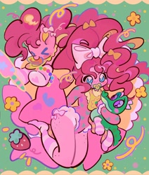 Size: 1734x2048 | Tagged: safe, artist:yanyannonoz, imported from derpibooru, gummy, pinkie pie, alligator, earth pony, pony, equestria girls, abstract background, bib, boots, bow, bracelet, clothes, female, hair bow, jewelry, mare, mouth hold, pacifier, self paradox, self ponidox, shoes, socks, striped socks