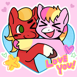 Size: 2048x2048 | Tagged: safe, artist:daisy_marshmallow, imported from derpibooru, sprout cloverleaf, oc, oc:malarkey, pony, blushing, canon x oc, commission, duo, g5, holiday, hug, shipping, smiling, valentine's day, xd, ych result, your character here