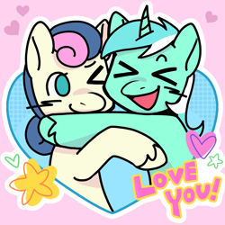 Size: 2048x2048 | Tagged: safe, alternate version, artist:daisy_marshmallow, imported from derpibooru, bon bon, lyra heartstrings, sweetie drops, earth pony, pony, unicorn, alternate character, blushing, commission, duo, duo female, eyes closed, female, holiday, horn, hug, lesbian, lyrabon, mare, one eye closed, open mouth, open smile, shipping, smiling, valentine's day, xd, ych result