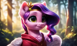 Size: 5120x3072 | Tagged: safe, imported from derpibooru, pipp petals, ai content, ai generated, chest fluff, clothes, crown, ear fluff, g5, generator:pony diffusion v6 xl, generator:purplesmart.ai, generator:stable diffusion, hoodie, jewelry, prompter:kluknawa235, regalia, smiling, tree, wings