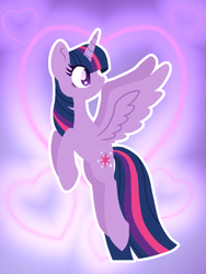 Size: 1200x1600 | Tagged: safe, artist:lindasaurie, derpibooru exclusive, imported from derpibooru, twilight sparkle, alicorn, pony, abstract background, eye clipping through hair, female, flying, gradient background, heart, lineless, mare, no mouth, outline, quick draw, solo, spread wings, twilight sparkle (alicorn), white outline, wings