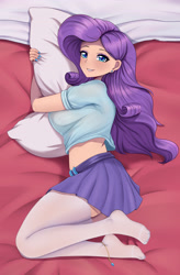 Size: 2244x3425 | Tagged: safe, artist:focusb, imported from derpibooru, rarity, human, anklet, bed, clothes, ear piercing, earring, hug, humanized, jewelry, looking at you, lying down, lying on bed, midriff, on bed, on side, piercing, pillow, pillow hug, shirt, skirt, socks, stockings, thigh highs, zettai ryouiki