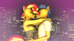 Size: 3840x2160 | Tagged: safe, artist:zgsfm, imported from derpibooru, flash sentry, sunset shimmer, anthro, city, female, flashimmer, holiday, kissing, love, male, shipping, straight, valentine's day