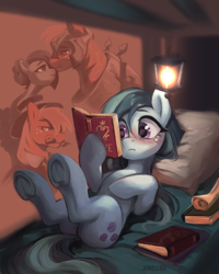 Size: 1730x2160 | Tagged: safe, artist:jewellier, imported from derpibooru, big macintosh, marble pie, earth pony, pony, bed, blushing, book, daydream, female, lying down, male, marblemac, mare, reading, scroll, shipping, stallion, straight, underhoof