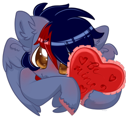 Size: 1393x1314 | Tagged: safe, alternate version, artist:apieceofmii, imported from derpibooru, oc, oc only, oc:dawn chaser, pegasus, pony, blushing, bust, collar, colored hooves, commission, cute, digital art, eyebrows, eyebrows visible through hair, folded wings, hair over one eye, heart, heart pillow, hearts and hooves day, holiday, looking at you, male, male oc, pegasus oc, pillow, pony oc, shoulder blush, shy, simple background, smiling, solo, stallion, stallion oc, transparent background, two toned mane, unshorn fetlocks, valentine's day, wings, ych result