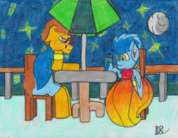 Size: 1094x849 | Tagged: safe, artist:acid flask, imported from derpibooru, oc, oc only, oc:bold action, oc:film wheel, earth pony, pegasus, zebra, blushing, chair, clothes, coat, colored, colored pencil drawing, crossdressing, date, dinner, dress, duo, duo male, ear piercing, earring, floating heart, gay, happy, heart, high res, holiday, in love, jewelry, male, married, married couple, menu, moon, night, pants, piercing, railing, ring, shirt, signature, size difference, smiling, stallion, stars, table, traditional art, umbrella, valentine's day, zebra oc