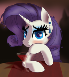 Size: 1644x1837 | Tagged: safe, artist:raritymylove, imported from derpibooru, rarity, pony, alcohol, chest fluff, date, drink, ear fluff, ear piercing, earring, heart, heart eyes, hearts and hooves day, jewelry, looking at you, piercing, solo, wingding eyes