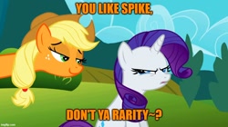 Size: 888x499 | Tagged: safe, edit, edited screencap, imported from derpibooru, screencap, applejack, rarity, the return of harmony, implied shipping, implied sparity, implied spike, implied straight, just one bite, meme, rarity is not amused, smugjack, spongebob squarepants, tsundere, tsunderity, unamused, you like krabby patties don't you squidward?