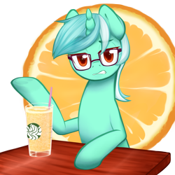 Size: 2800x2800 | Tagged: safe, artist:aisuroma, imported from derpibooru, lyra heartstrings, pony, unicorn, drink, female, food, glasses, high res, hipster, looking at you, mare, orange, simple background, sitting, solo, starbucks, straw, table, transparent background