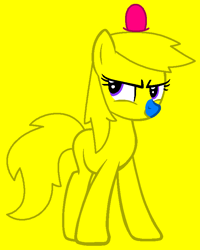 Size: 625x780 | Tagged: safe, artist:kingbases, artist:spitfirethepegasusfan39, imported from derpibooru, earth pony, pony, adult blank flank, base used, blank flank, blue nose, clothes, hat, male, mischief, mischievous, mr. men, mr. men little miss, mr. mischief, narrowed eyes, ponified, simple background, solo, stallion, yellow background