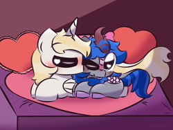 Size: 3200x2400 | Tagged: safe, artist:cushyhoof, imported from derpibooru, oc, oc:ravyn moonchild, oc:space, alicorn, kirin, pony, 4:3, :p, bed, blushing, cuddling, cute, gay, high res, holiday, kirin oc, kissing, male, phone drawing, size difference, tongue out, valentine's day