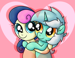 Size: 2263x1743 | Tagged: safe, artist:background basset, imported from derpibooru, bon bon, lyra heartstrings, sweetie drops, earth pony, pony, unicorn, female, hearts and hooves day, hug, lesbian, lyrabon, shipping, simple background, smiling