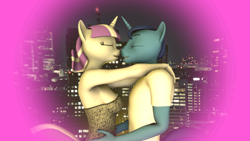 Size: 3840x2160 | Tagged: safe, artist:zgsfm, imported from derpibooru, night light, twilight velvet, anthro, 3d, city, female, holiday, kissing, love, male, nightvelvet, shipping, source filmmaker, straight, valentine's day