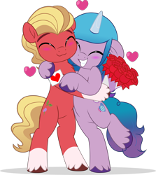 Size: 4451x5000 | Tagged: safe, artist:jhayarr23, imported from derpibooru, izzy moonbow, sprout cloverleaf, earth pony, pony, unicorn, bipedal, blushing, bouquet of flowers, card, commission, commissioner:puffydearlysmith, cute, female, floating heart, floppy ears, flower, g5, g5 to g4, generation leap, heart, holiday, hug, izzybetes, izzysprout, male, mare, rose, shipping, simple background, smiling, sproutbetes, stallion, straight, transparent background, valentine's day, ych result