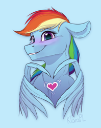 Size: 2007x2533 | Tagged: safe, artist:klarapl, imported from derpibooru, rainbow dash, pegasus, pony, blue background, blushing, female, heart, heart wings, high res, holiday, mare, simple background, solo, valentine's day, wing hands, wings