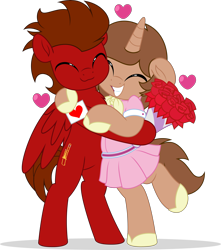 Size: 4420x5000 | Tagged: safe, artist:jhayarr23, imported from derpibooru, oc, oc only, oc:heroic armour, oc:slide fortissimo, pegasus, pony, unicorn, bipedal, clothes, commission, crossdressing, dress, flower, gay, heart, hug, male, simple background, smiling, stallion, transparent background, ych result