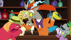 Size: 1280x720 | Tagged: safe, imported from derpibooru, screencap, big macintosh, discord, spike, draconequus, dragon, earth pony, pony, male, monocle, smiling, zoot suit