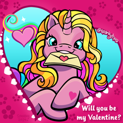 Size: 2400x2400 | Tagged: safe, artist:sparkytopia, imported from derpibooru, part of a set, rarity (g3), pony, unicorn, cute, g3, heart, holiday, looking at you, pink coat, solo, valentine's day, valentine's day card