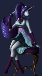 Size: 700x1268 | Tagged: safe, artist:roleishi, imported from derpibooru, rarity, anthro, human, unicorn, blue background, clothes, elegant, humanized, shoes, simple background, solo