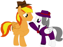 Size: 1280x955 | Tagged: safe, artist:rydersimmer, imported from derpibooru, oc, oc only, oc:firey ratchet, oc:oliver spade, pegasus, clothes, coat, detective, duo, fedora, female, hat, male, mare, simple background, stallion, transparent background, trenchcoat