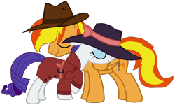 Size: 1228x735 | Tagged: safe, artist:rydersimmer, imported from derpibooru, rarity, oc, oc:firey ratchet, pegasus, unicorn, clothes, detective rarity, fedora, female, hat, male, simple background, transparent background, trenchcoat