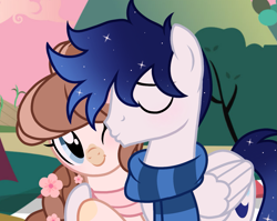 Size: 1357x1080 | Tagged: safe, artist:cstrawberrymilk, imported from derpibooru, oc, oc:moonlight dust, oc:strawberry milk, pegasus, pony, clothes, female, flower, flower in hair, kissing, male, mare, scarf, stallion