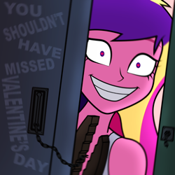 Size: 2000x2000 | Tagged: safe, artist:grey, imported from derpibooru, princess cadance, equestria girls, bolt cutters, clothes, dean cadance, door, fimfiction, heart, heart eyes, holiday, imminent rape, imminent sex, lock, looking at you, messy hair, principal cadance, shirt, sleeveless, sleeveless shirt, sleeveless tank top, smiling, smiling at you, solo, swirly eyes, tanktop, valentine's day, wide smile, wingding eyes