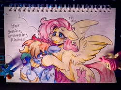Size: 4031x3023 | Tagged: safe, artist:yumkandie, imported from derpibooru, fluttershy, rainbow dash, pegasus, pony, :t, bandage, blushing, cloud, crying, ear piercing, earring, eyebrows, eyebrows visible through hair, female, figurine, floppy ears, flutterdash, hug, jewelry, lesbian, love, lying down, pencil drawing, piercing, prone, scar, shipping, talking, traditional art, wings