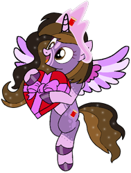 Size: 576x760 | Tagged: safe, artist:noi kincade, imported from derpibooru, oc, oc only, oc:princess kincade, box of chocolates, female, flying, holiday, mare, simple background, spread wings, transparent background, valentine's day, wings