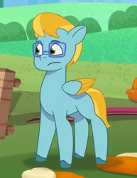 Size: 600x777 | Tagged: safe, imported from derpibooru, screencap, pegasus, pony, spoiler:g5, spoiler:my little pony: tell your tale, spoiler:tyts01e33, cropped, feather clips, filly filling, folded wings, g5, glasses, male, my little pony: tell your tale, outdoors, stallion, wings