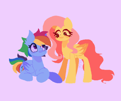Size: 509x425 | Tagged: safe, artist:uck, imported from derpibooru, fluttershy, rainbow dash, pegasus, pony, cute, dashabetes, ear fluff, female, flutterdash, folded wings, lesbian, looking at each other, looking at someone, lying down, prone, purple background, shipping, shyabetes, simple background, smiling, standing, wings