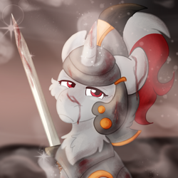 Size: 2000x2000 | Tagged: safe, artist:euspuche, imported from derpibooru, oc, oc only, oc:red rocket, unicorn, armor, background, sword, weapon